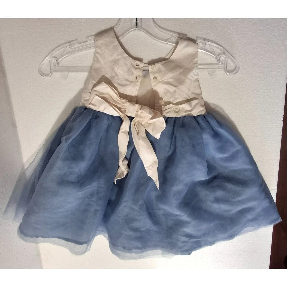 Janie & Jack Girls Dress 12-18 Mos Ivory Blue Embroidered Ruffle Tulle Flare Hem